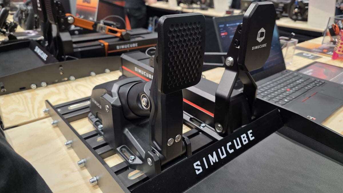 Simucube ActivePedal Sport and a second Simucube pedal on display at SimRacing Expo 2026 in Frankfurt.