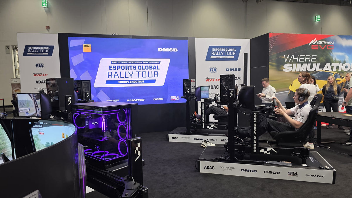 Advanced SimRacing simulators at the FIA Esports Global Rally Tour Europe Shootout during SimRacing Expo 2026 in Frankfurt.