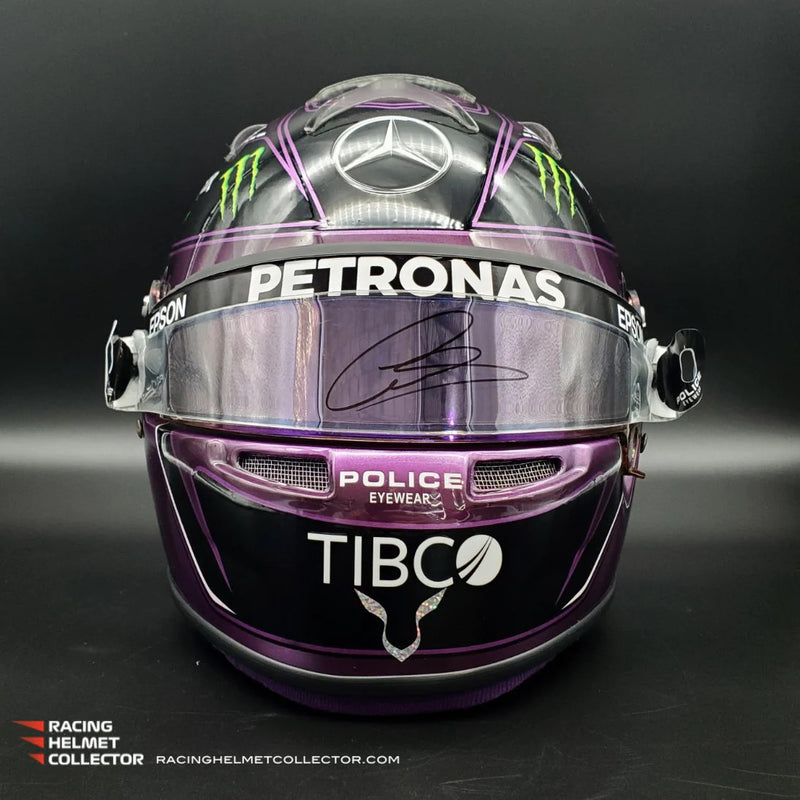 Racing Helmet Collector - Lewis Hamilton Signed Helmet Race Worn Race Used Visor 2021 Mounted on Promo Helmet Black & Purple BLM Autographed Display Tribute Full Scale 1:1