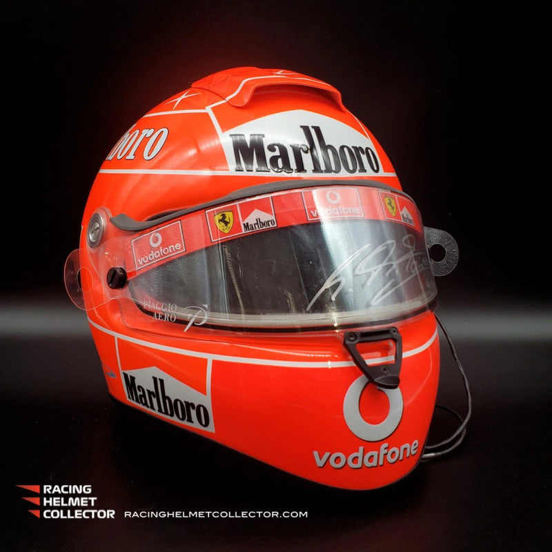 Racing Helmet Collector - Michael Schumacher Signed Helmet Race Worn Used Visor 2005 Schuberth with Defog System Mounted on a Promo Display Helmet Tribute Autographed Full Scale 1:1