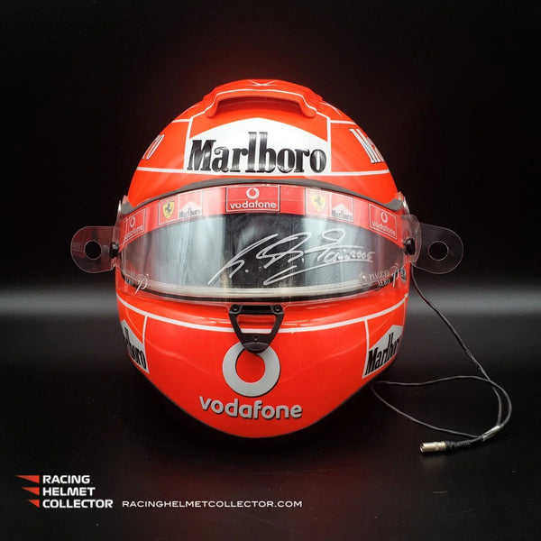 Racing Helmet Collector - Michael Schumacher Signed Helmet Race Worn Used Visor 2005 Schuberth with Defog System Mounted on a Promo Display Helmet Tribute Autographed Full Scale 1:1
